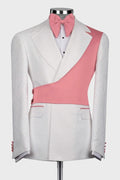 Chic White Jacquard Notched Lapel Prom Suits With Pink Crossover Satin Panel
