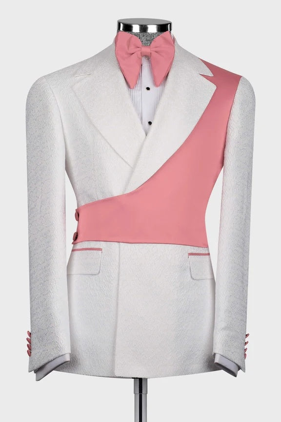 Chic White Jacquard Notched Lapel Prom Suits With Pink Crossover Satin Panel