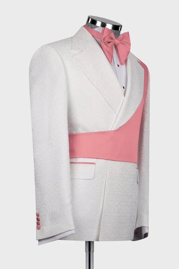 Chic White Jacquard Notched Lapel Prom Suits With Pink Crossover Satin Panel