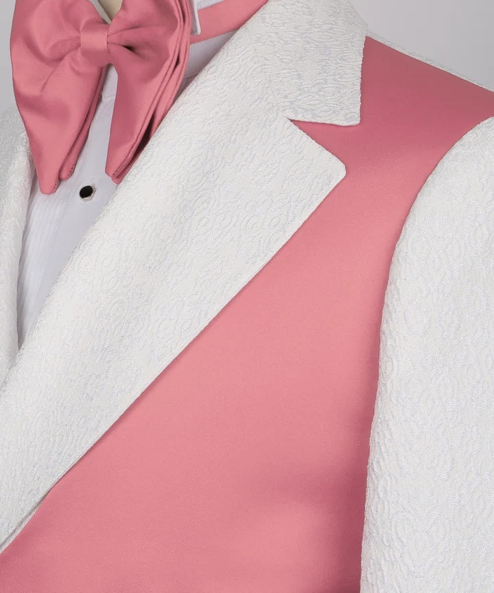 Chic White Jacquard Notched Lapel Prom Suits With Pink Crossover Satin Panel