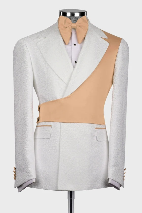 Charming White Jacquard Notched Lapel Prom Suits With Crossover Satin Panel