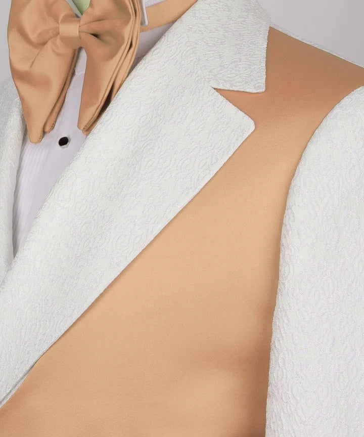 Charming White Jacquard Notched Lapel Prom Suits With Crossover Satin Panel