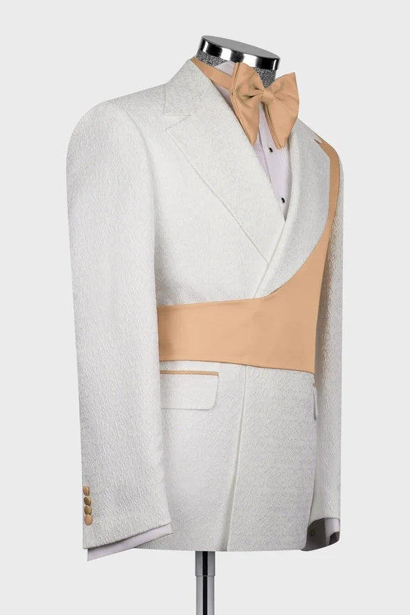 Charming White Jacquard Notched Lapel Prom Suits With Crossover Satin Panel