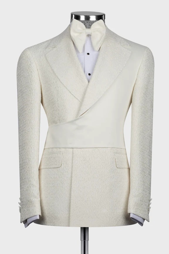 Cool Off-white Jacquard Notched Lapel Prom Suits With Crossover Satin Panel