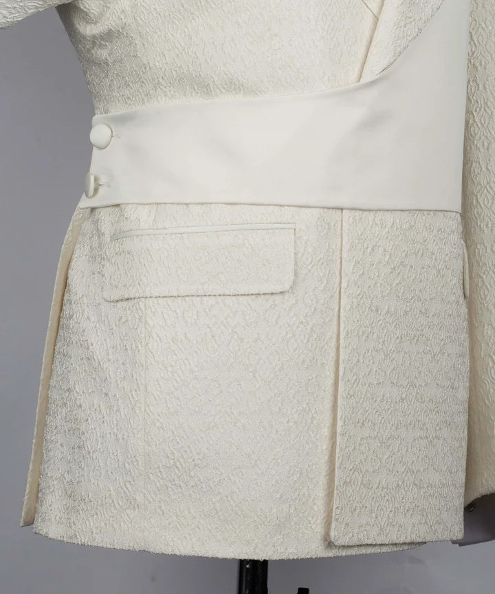 Cool Off-white Jacquard Notched Lapel Prom Suits With Crossover Satin Panel
