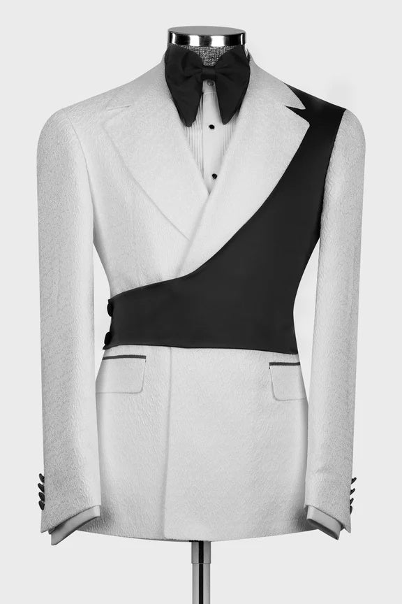 Popular White Jacquard Notched Lapel Prom Suits With Black Crossover Satin Panel