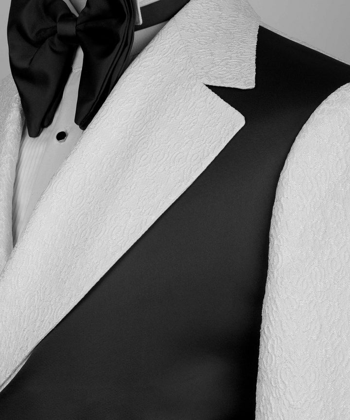 Popular White Jacquard Notched Lapel Prom Suits With Black Crossover Satin Panel