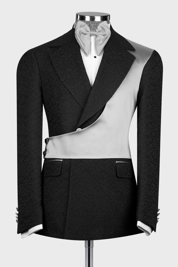 Black Jacquard Notched Lapel Prom Suits With Crossover Satin Panel