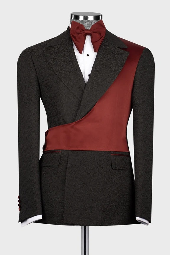 Trendy Black Jacquard Notched Lapel Prom Suits With Burgundy Crossover Satin Panel