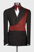 Trendy Black Jacquard Notched Lapel Prom Suits With Burgundy Crossover Satin Panel