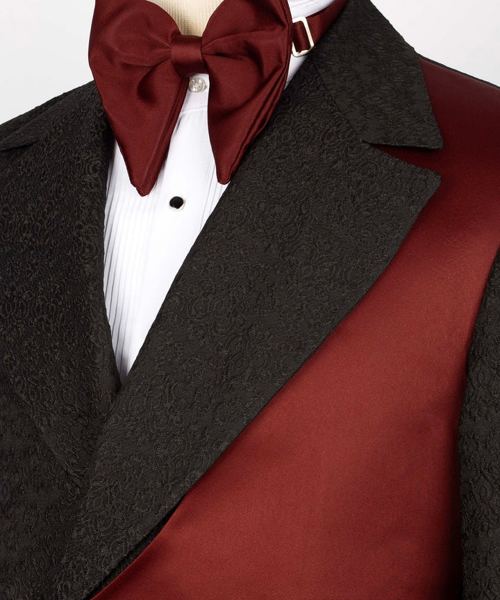 Trendy Black Jacquard Notched Lapel Prom Suits With Burgundy Crossover Satin Panel