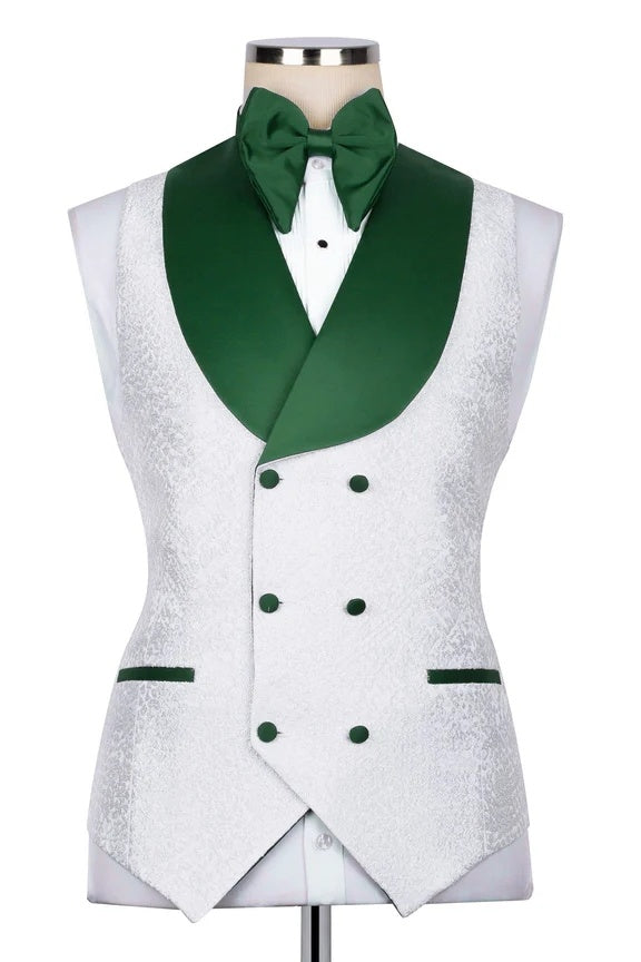 Glamorous White Jacquard 3 Pieces Prom Suits With Green Lapel