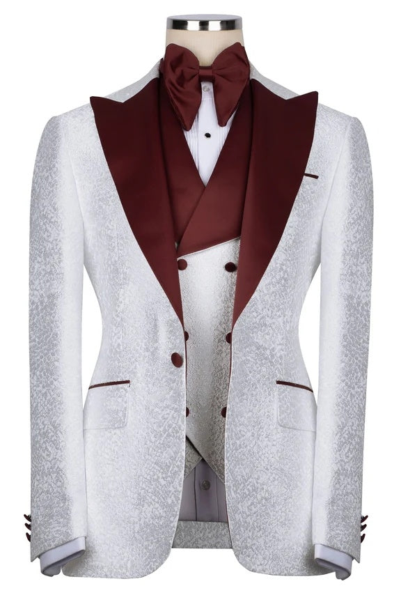 Fancy White Jacquard 3 Pieces Prom Suits With Burgundy Lapel