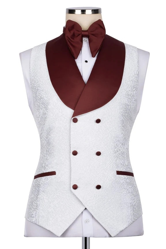 Fancy White Jacquard 3 Pieces Prom Suits With Burgundy Lapel