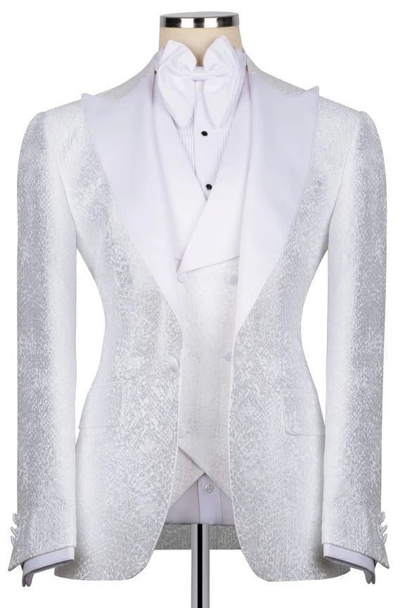 Fashion White Jacquard 3 Pieces Prom Suits With Satin Lapel