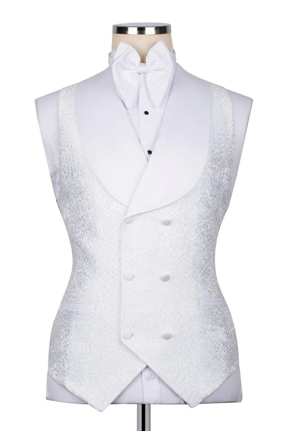 Fashion White Jacquard 3 Pieces Prom Suits With Satin Lapel