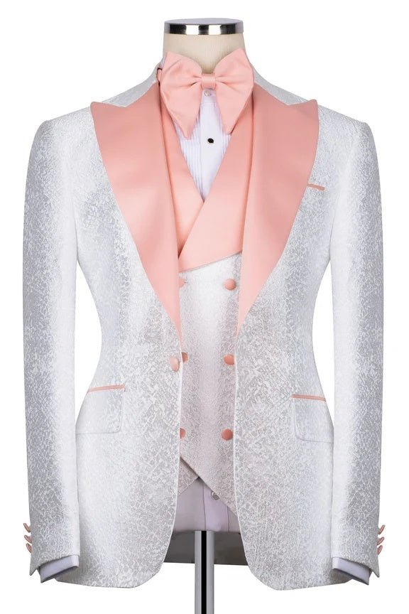 Classy White Jacquard 3 Pieces Prom Suits With Satin Lapel