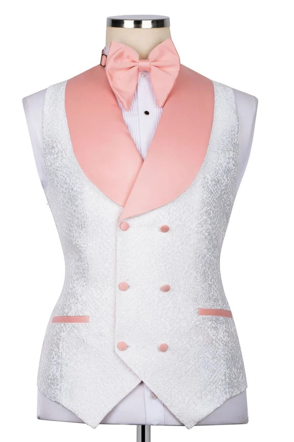 Classy White Jacquard 3 Pieces Prom Suits With Satin Lapel