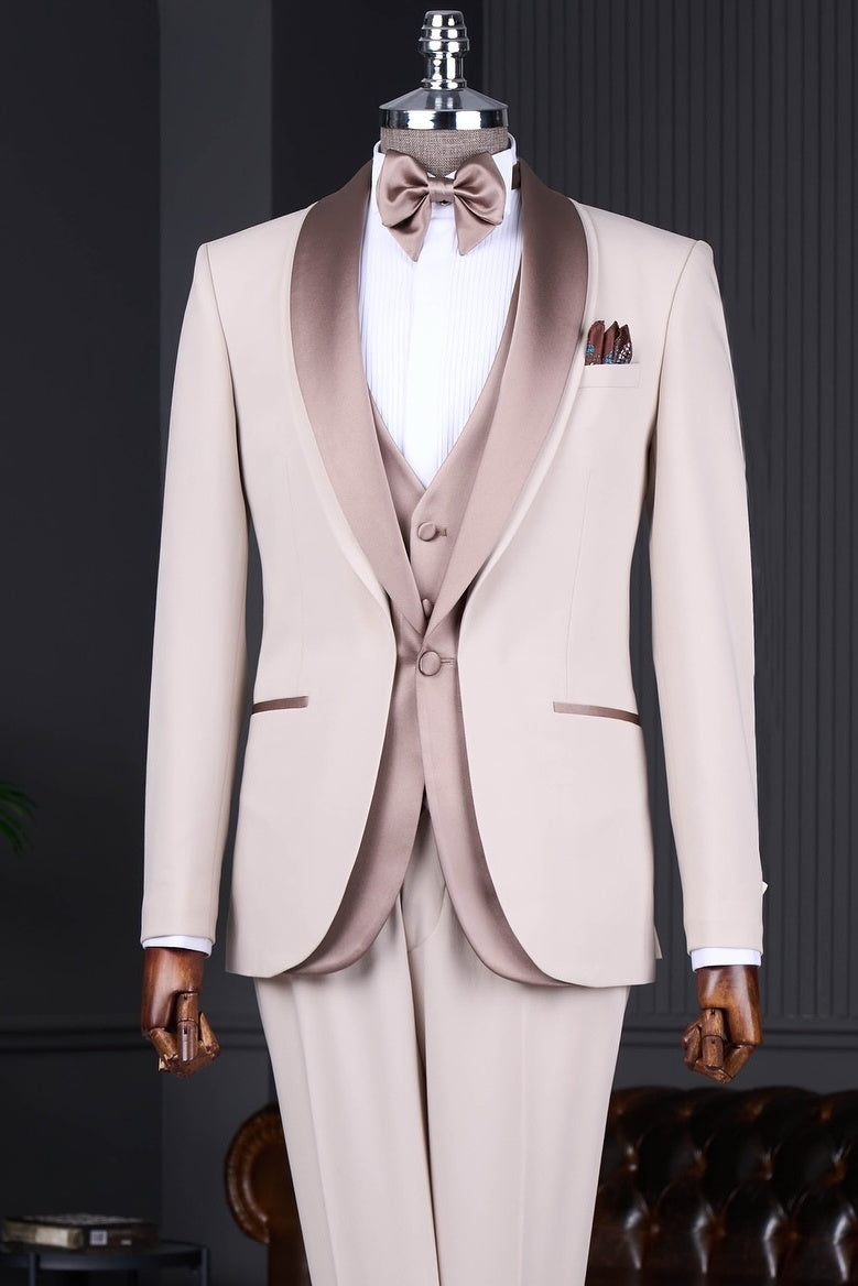 Beautiful Beige Three Pieces Wedding Suits With Shawl Lapel