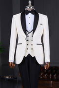 Trendy White Three Pieces Wedding Suits With Black Shawl Lapel