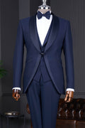 Chic Navy Three Pieces Wedding Suits With Satin Shawl Lapel