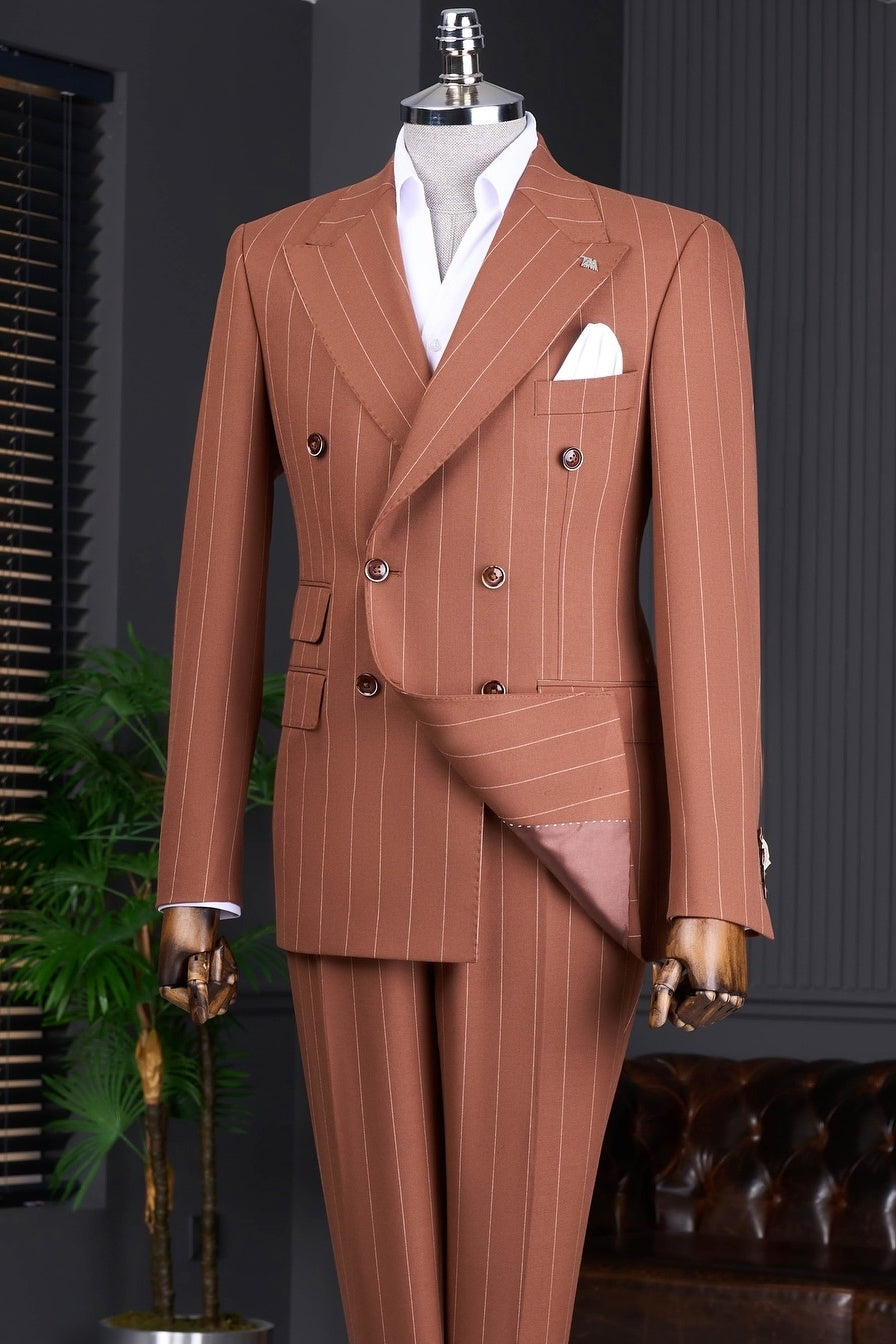 Modern Caramel Striped Peaked Lapel Double Breasted Prom Suits