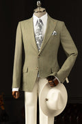 Bespoke Olive Green Peaked Lapel Prom Suits With White Pants
