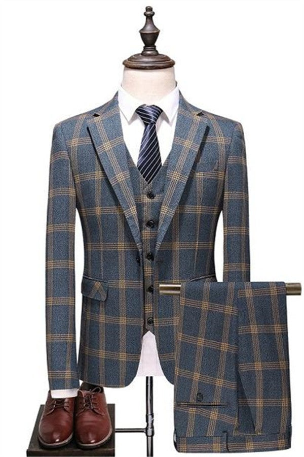 Modern Dark Gray And Yellow Plaid 3 Pieces Notched Lapel Prom Suits