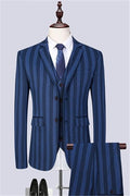Fancy Navy Blue Pinstriped 3 Pieces Notched Lapel Prom Suits