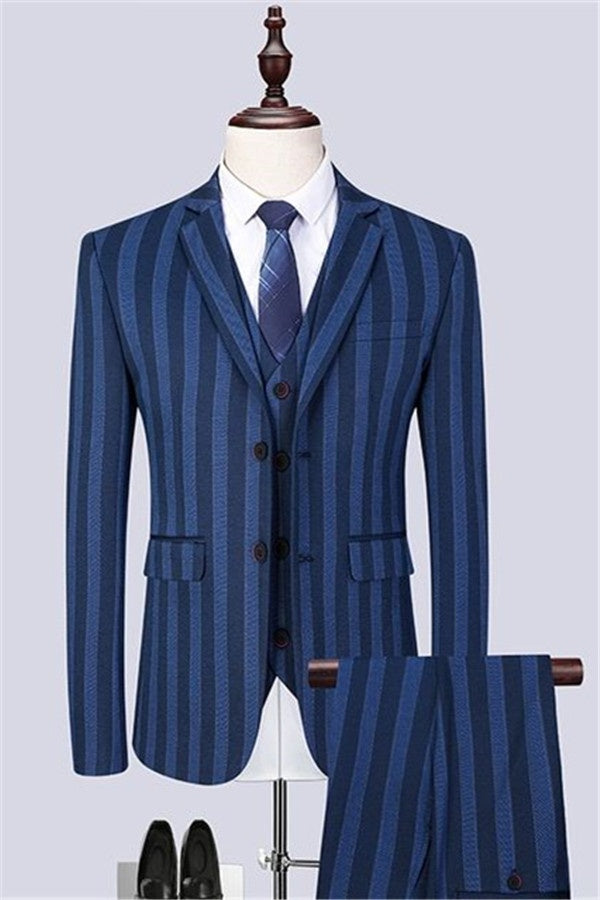 Fancy Navy Blue Pinstriped 3 Pieces Notched Lapel Prom Suits