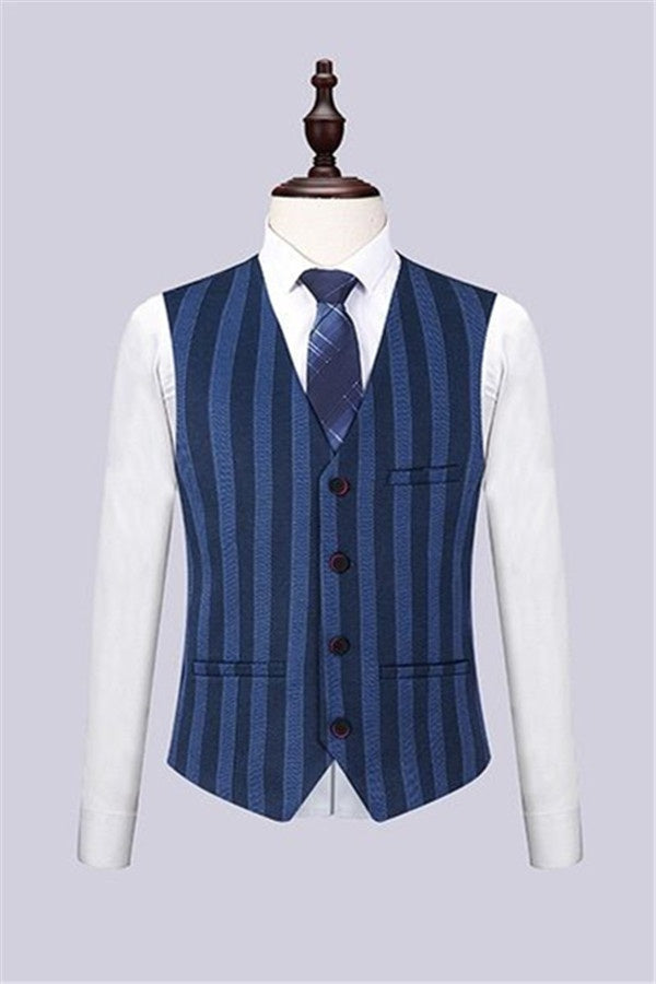 Fancy Navy Blue Pinstriped 3 Pieces Notched Lapel Prom Suits