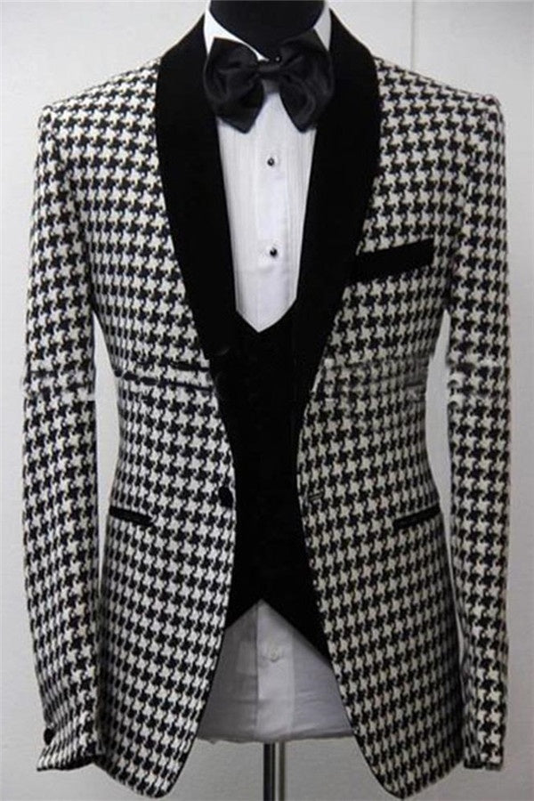 Fashion Black And White Houndstooth 3 Pieces Shawl Lapel Prom Suits