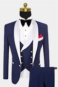 Fashion Dark Blue 3 Pieces Shawl Lapel Men's Prom Suits