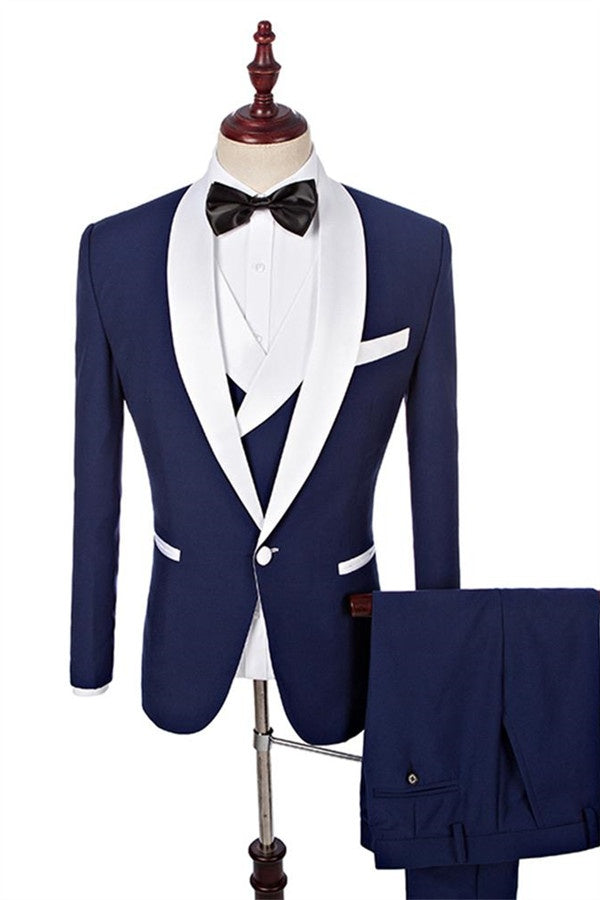 Fashion Dark Blue 3 Pieces Shawl Lapel Men's Prom Suits