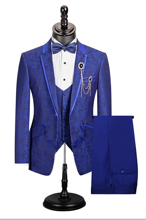 Newest Royal Blue Jacquard 3 Pieces Peaked Lapel Prom Men Suits