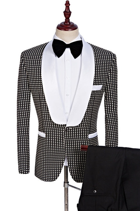 New Arrival Black And White Dot Shawl Lapel Prom Men Suits