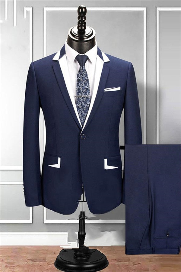 Fancy Navy Blue Notched Lapel Best Fitted Prom Suits