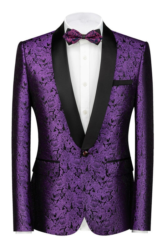 Modern Purple Jacquard Shawl Lapel Close Fitting Prom Suits