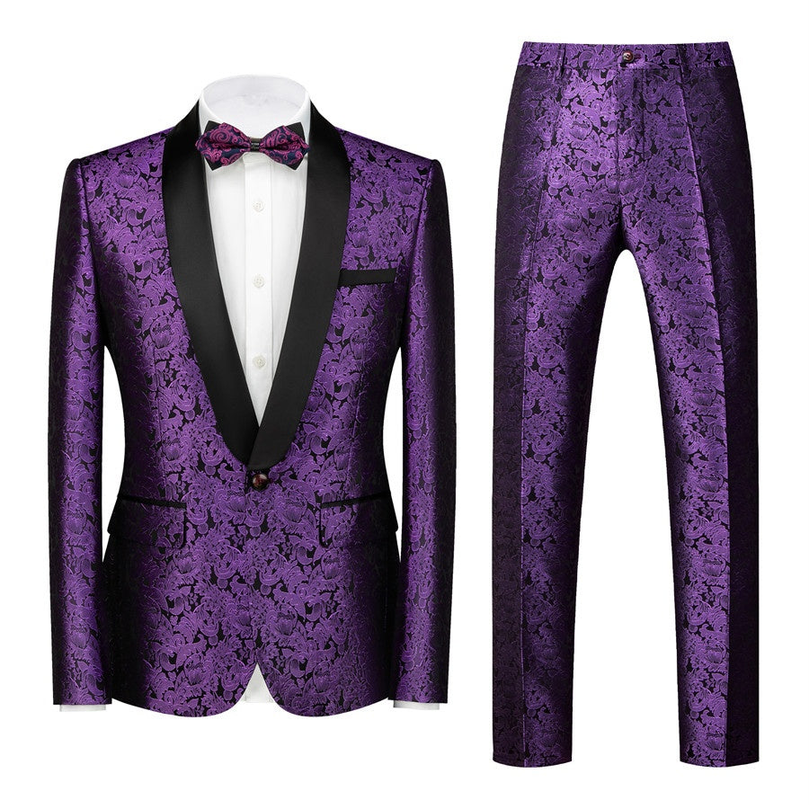 Modern Purple Jacquard Shawl Lapel Close Fitting Prom Suits