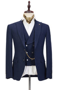 Classy Dark Blue 3 Pieces Peaked Lapel Men's Business Suits