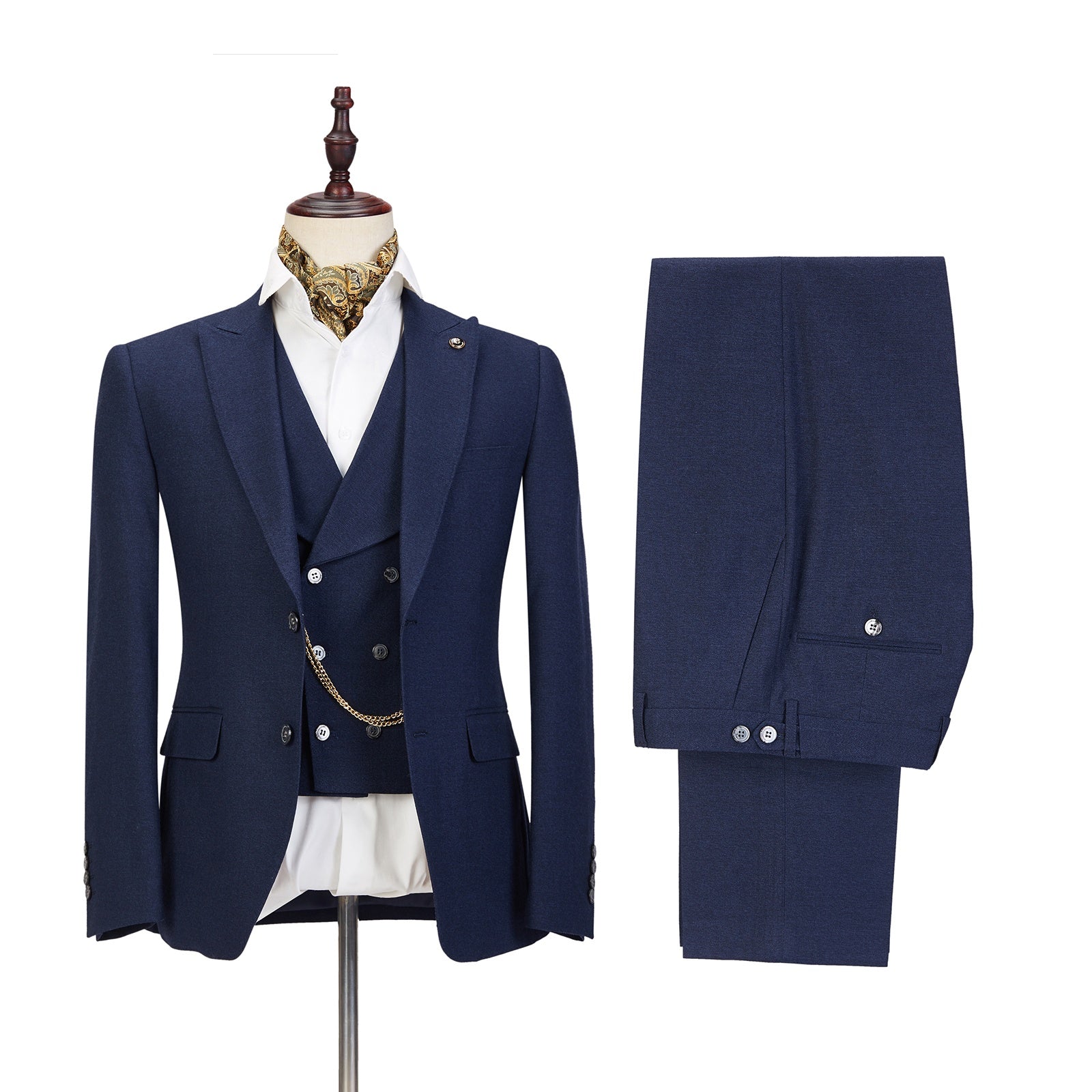 Classy Dark Blue 3 Pieces Peaked Lapel Men's Business Suits