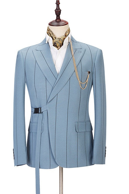 Fancy Dusty Blue Peaked Lapel Striped Prom Suits With Belt