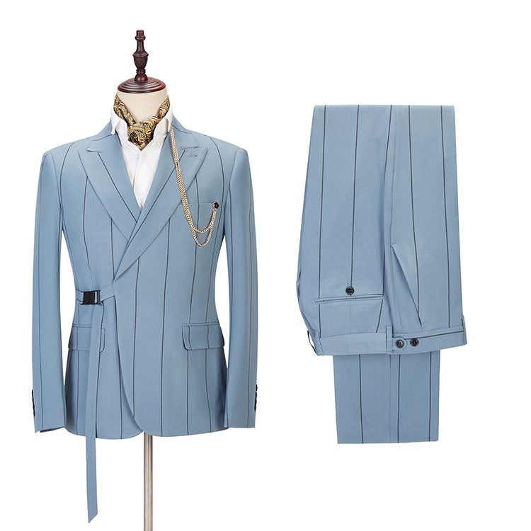 Fancy Dusty Blue Peaked Lapel Striped Prom Suits With Belt