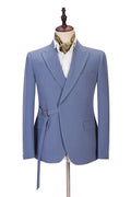 Stylish Blue Peaked Lapel Slim Fit Prom Suits With Metal Buckle