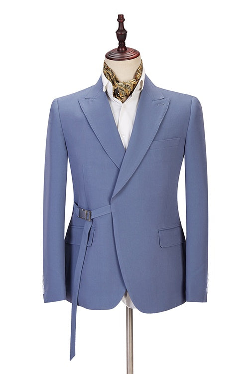Stylish Blue Peaked Lapel Slim Fit Prom Suits With Metal Buckle
