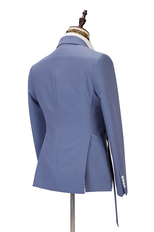 Stylish Blue Peaked Lapel Slim Fit Prom Suits With Metal Buckle