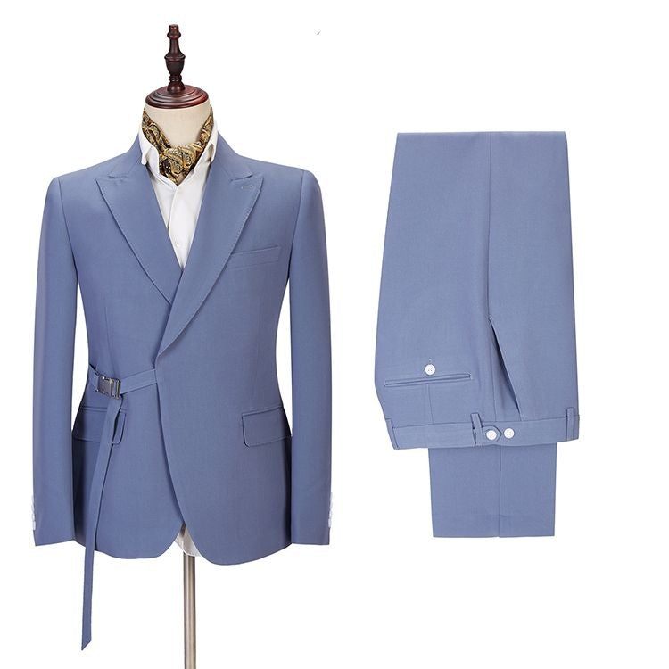 Stylish Blue Peaked Lapel Slim Fit Prom Suits With Metal Buckle