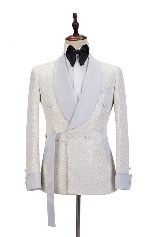 Mild Off-white Jacquard Double Breasted Shawl Lapel Wedding Suits