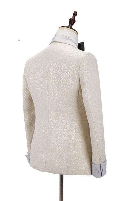 Mild Off-white Jacquard Double Breasted Shawl Lapel Wedding Suits