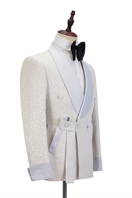 Mild Off-white Jacquard Double Breasted Shawl Lapel Wedding Suits